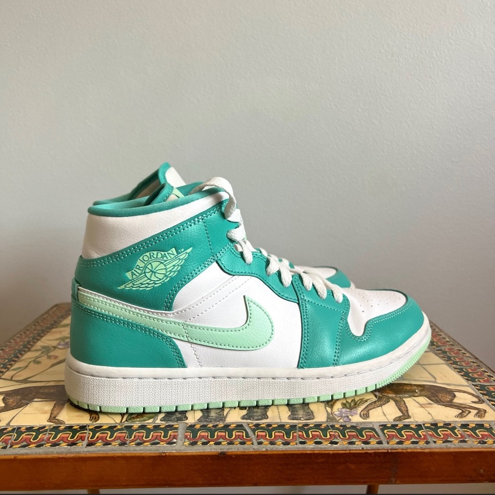 Nike Air Jordan 1 Mid Teal and White Sneakers - Picture 7 of 16